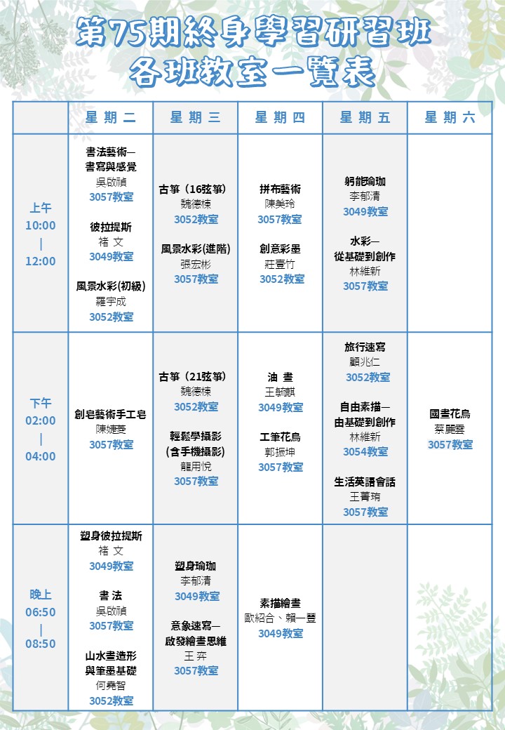 【終身學習研習班】第75期開課通知與學員名單