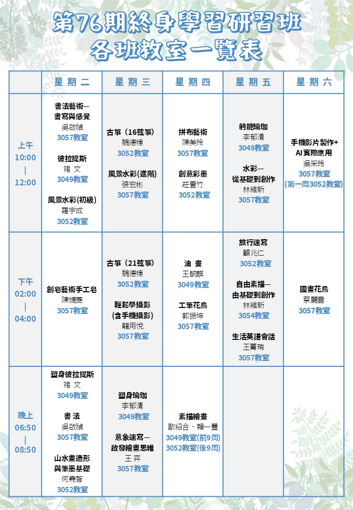 第76期終身學習研習班【開課通知與學員名單】