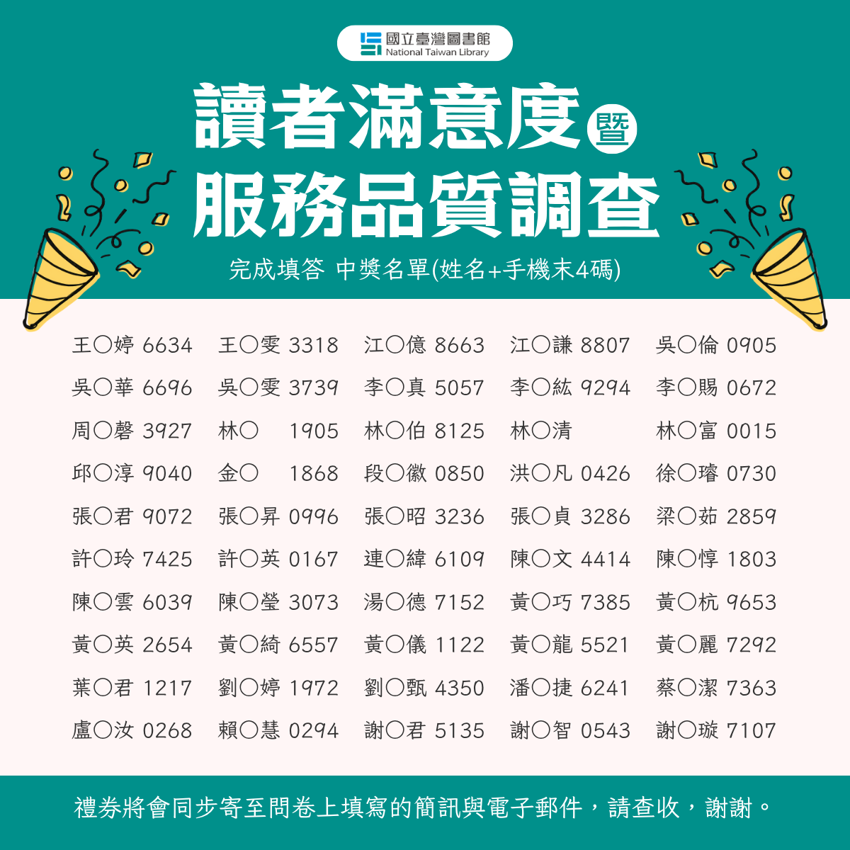 【得獎名單】國立臺灣圖書館讀者滿意度暨服務品質調查
